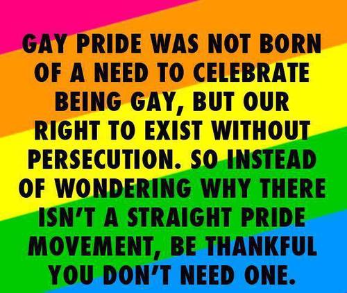Gay Pride, eşcinselliği kutlama ihtiyacından değil, zulüm görmeden yaşayabilme hakkımızı dile getirme ihtiyacından doğmuş bir harekettir. "Neden heteroseksüel gurur haftası yok" diye şaşıracağınıza, böyle bir harekete ihtiyaç duymadığınız için şükredin.