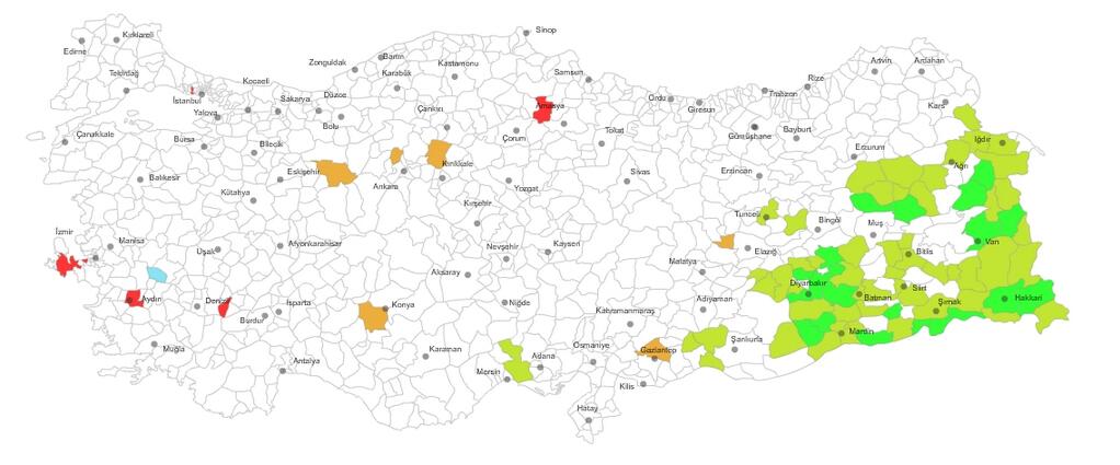 2014 yerel seçim sonuçlarına göre kadın belediye başkanlarının haritada dağılımı (açık yeşil eş başkanlar)