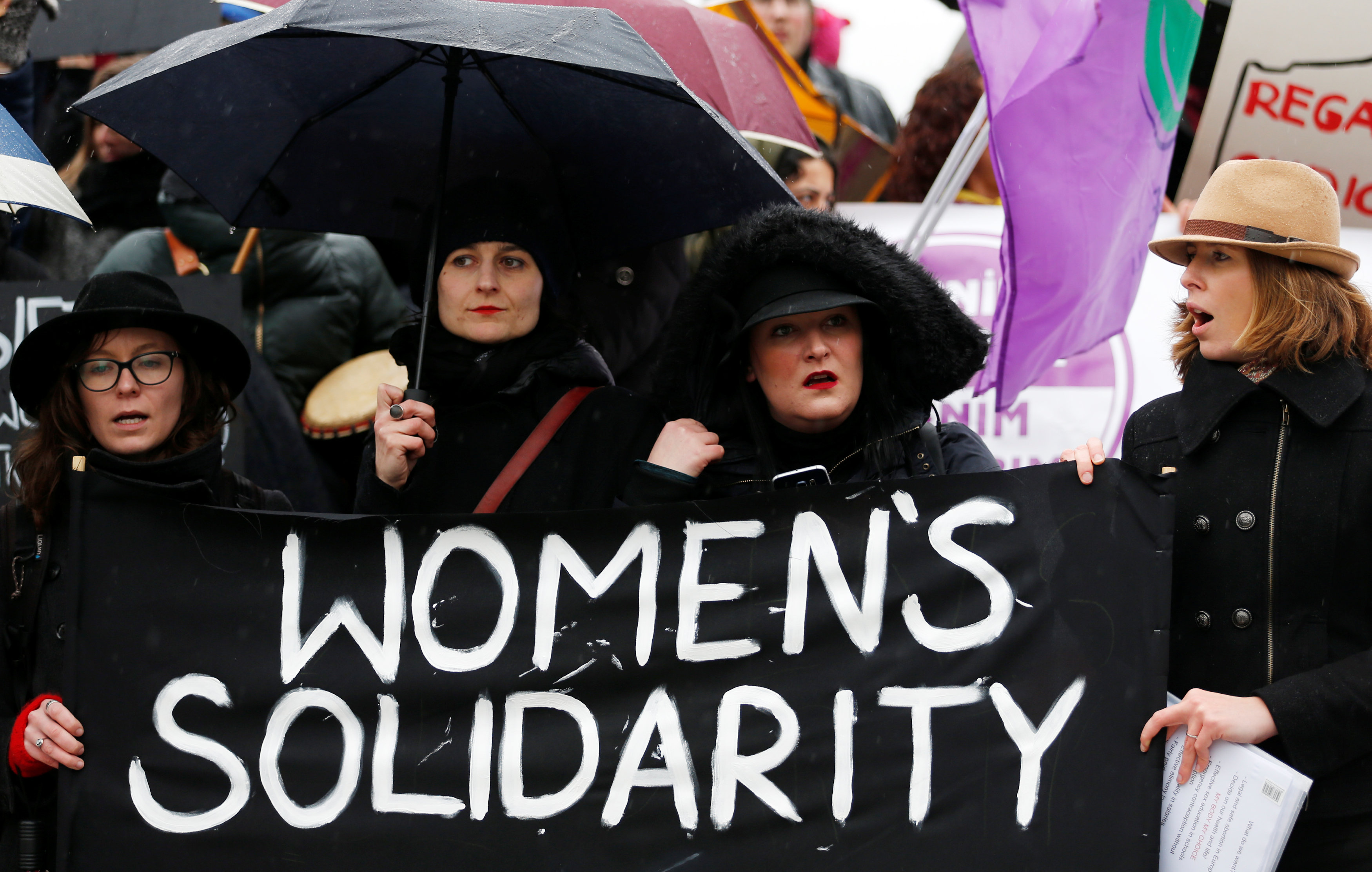 Belgian and Polish women demonstrate to call for abortion rights outside buildings of European Union institutions on International Women's Day in Brussels, Belgium March 8, 2017. REUTERS/Francois Lenoir